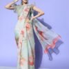 Light Grey Organza Floral Printed Saree - Image 3