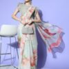 Light Grey Organza Floral Printed Saree