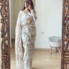 Cream Printed Chiffon Saree