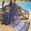 Ready To Wear Dark Blue Printed Cotton Saree - Image 4