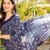 Ready To Wear Dark Blue Printed Cotton Saree - Image 6
