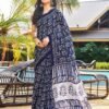 Ready To Wear Dark Blue Printed Cotton Saree - Image 7