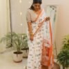 Ready to Wear White Printed Cotton Saree - Image 5