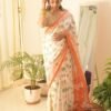 Ready to Wear White Printed Cotton Saree - Image 6