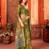 Olive Green Linen Printed Saree - Image 7