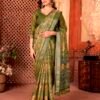 Olive Green Linen Printed Saree - Image 6