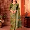Olive Green Linen Printed Saree - Image 5