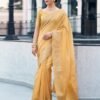 Pastel Yellow Organza Woven Saree - Image 4