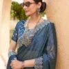 Blue Swarovski Georgette Embroidery Saree - Image 4