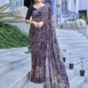 Blue Georgette Printed Saree - Image 4