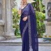 Blue Swarovski Georgette Stone Work Saree - Image 6