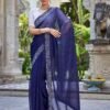Blue Swarovski Georgette Stone Work Saree - Image 3