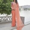 Peach Checkered Chiffon Woven Saree - Image 6