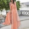 Peach Checkered Chiffon Woven Saree - Image 5