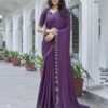 Purple Swarovski Satin Plain Saree - Image 7