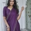 Purple Swarovski Satin Plain Saree - Image 5
