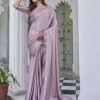 Pink Swarovski Satin Plain Saree - Image 4