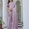 Pink Swarovski Satin Plain Saree - Image 3