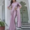 Pink Swarovski Satin Plain Saree - Image 2