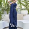 Navy Blue Chiffon Zari Plain Saree - Image 5