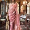 Rose Pink Organza Woven Printed Saree