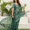 Teal Green Chiffon Printed Saree - Image 4
