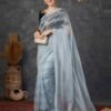 Steel Grey Net Plain Saree - Image 2