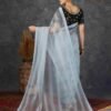 Steel Grey Net Plain Saree - Image 3
