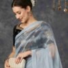 Steel Grey Net Plain Saree - Image 4