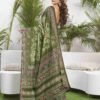 Olive Green Cotton Printed Saree - Image 3