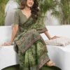 Olive Green Cotton Printed Saree - Image 4