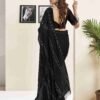 Black Georgette Plain Printed Saree - Image 6