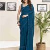 Rama Blue Georgette Plain Printed Saree