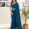 Rama Blue Georgette Plain Printed Saree - Image 3