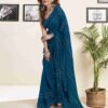 Rama Blue Georgette Plain Printed Saree - Image 4