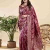 Rouge Floral Banarasi Silk Saree - Image 4