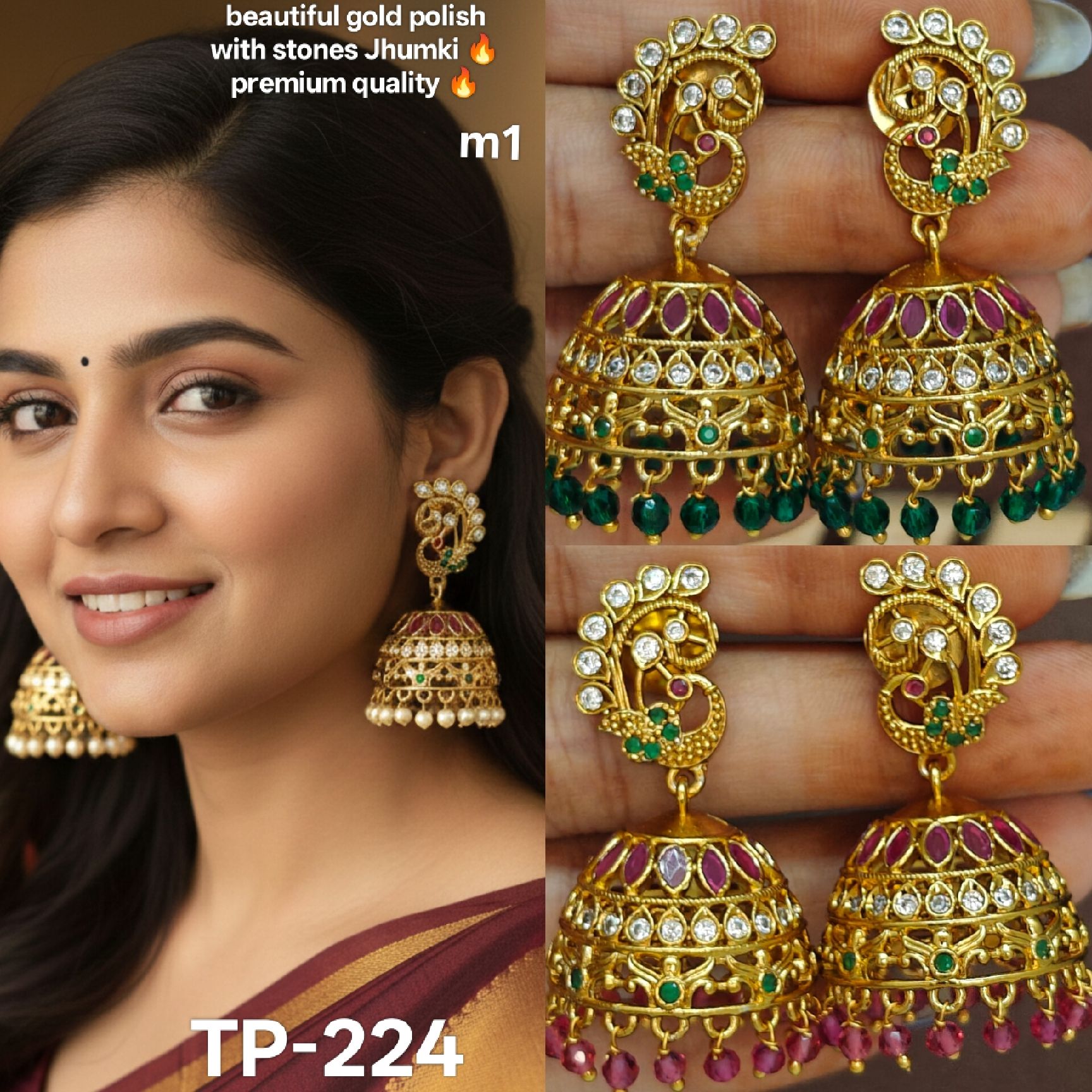gold polish with stones Jhumki 🔥